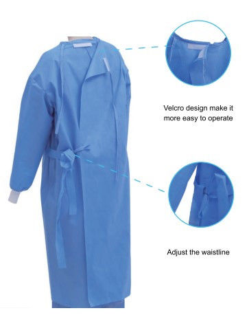 Velcro Design And Rib Cuff Breathable Non woven Waterproof Blue Medical Disposable Isolation Gowns